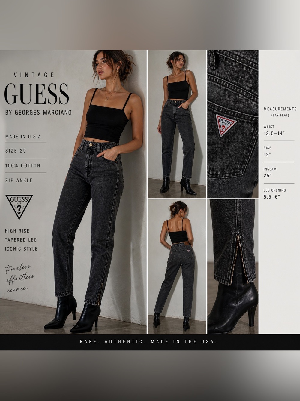 Vintage Guess Marciano Jeans 29 Black High Rise Zip Ankle USA